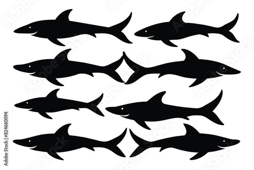 Set of bamboo Shark animal black silhouette vector on white background
