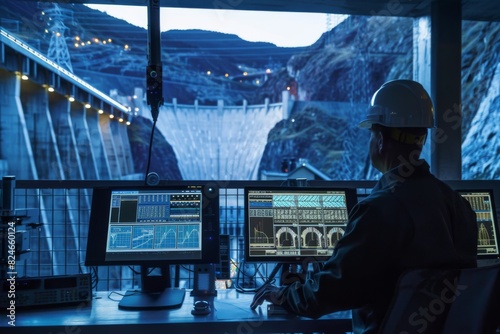 A high-tech monitoring station overlooking a hydroelectric dam, with engineers analyzing data