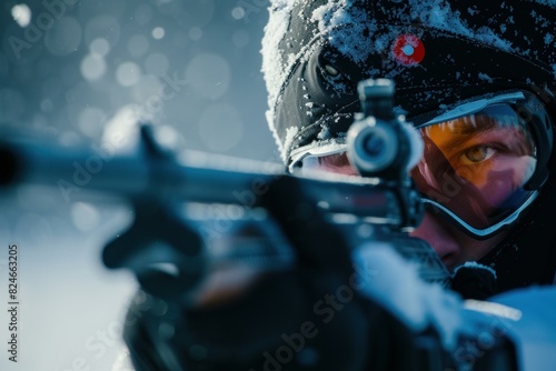 Tactical Biathlon sport shoot fire. Snow athletic. Generate Ai