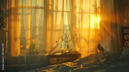 A room bathed in the golden hues of sunrise: a bedroom with sheer curtains billowing in the morning breeze
