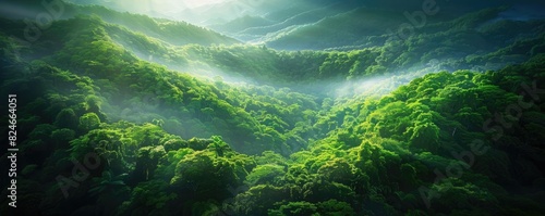 Aerial view of lush green tropical forest covered in mist and sunlight, showcasing the beauty of nature and serene landscape.
