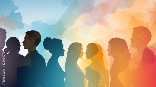 Diversity multi-ethnic and multiracial people. Silhouette group of men and women of diverse culture standing together in front of the other. Concept racial equality and anti-racism