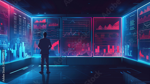 A man stands in front of a computer monitor that displays a cityscape. Concept of isolation and detachment from the outside world, as the man is surrounded by technology and the city lights