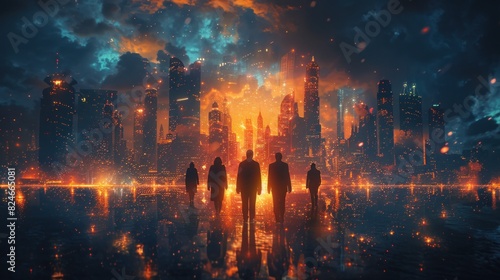 A dynamic movie poster showing a group of diverse business professionals standing united in front of a futuristic cityscape, glowing with opportunity