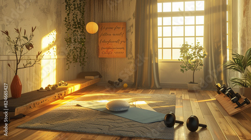 A room dedicated to fitness: a bedroom with a yoga mat unfurled on the hardwood floor, a set of free weights tucked into a corner