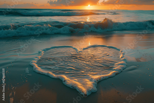Ocean waves erasing a heart-shaped sign on a sandy beach