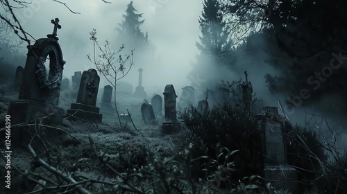 Creepy graveyard with fog, tombstones, and ghostly figures, dark and mysterious, visually striking and detailed