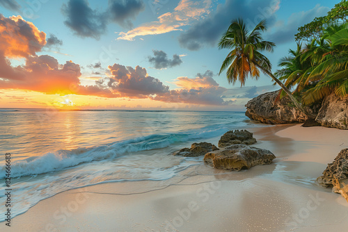 On the white beach of a Caribbean island of Barbados, a beautiful sunset unfolds over the sea with a view of palms