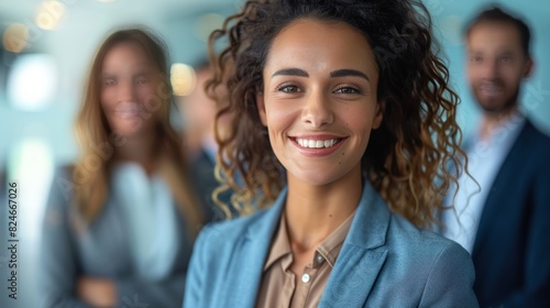 Close-up of business people smiling confidently,assurance and professionalism, poised and positive expressions, ideal for conveying a strong, confident corporate presence