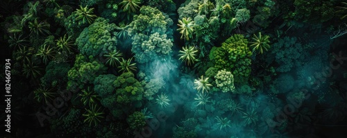 Aerial view of lush green rainforest with mist, showcasing dense foliage and rich biodiversity in a tropical jungle environment.