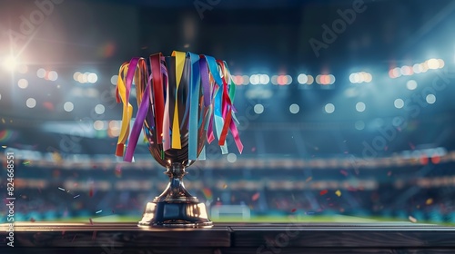 Championship cup adorned with colorful ribbons, standing tall on a wooden podium under bright stadium lights