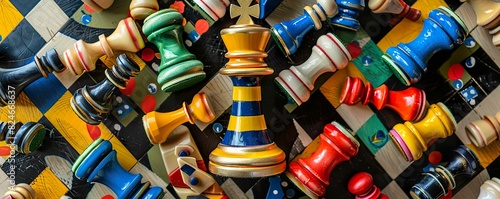 Chess tournament trophy shaped like a king piece, surrounded by colorful chess boards and pieces