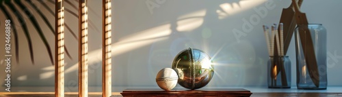 Cricket trophy with a shining silver ball, placed on a polished wooden base beside stumps and cricket bats