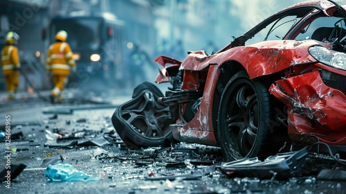 Crushed sports car after a head-on collision, with rescue teams working to extract passengers from the wreckage