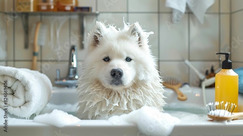 Fluffy samoyed being shampooed in a pet salon bathtub, surrounded by grooming tools and towels