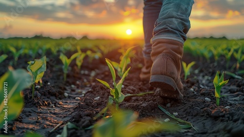 Farmer boots walking away from the camera in a field of sprouting corn at sunset. Generative AI.