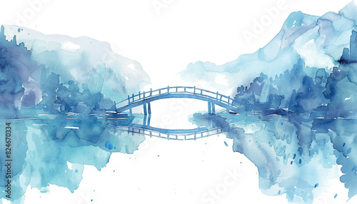 watercolor blue illustration bridge in mountains