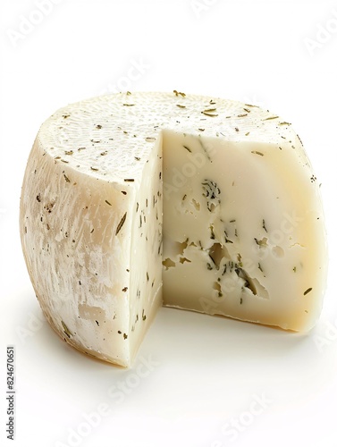 Aged half wheel of Sardinian pecorino cheese made from sheep's milk on a white background, a classic Italian delicacy.