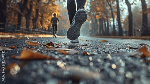 Close-up of a person's feet during a group run on a road, capturing the intensity and focus of the moment. emphasizing teamwork and collective effort in the dynamic setting