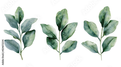 Set of watercolor green leaves elements. Collection botanical vector isolated on white background