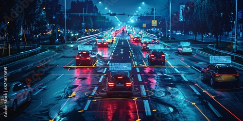 Autonomous vehicles navigate a suburban traffic junction at dusk, while neon heads-up display components depict the communication between self-driving cars linked to a shared system.