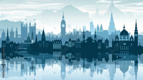 Europe skyline silhouette with different landmarks. Some elements have transparency mode different from normal