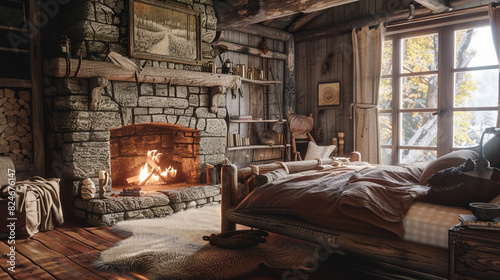 A rustic bedroom with a stone fireplace, a log bed frame, and a bearskin rug. 
