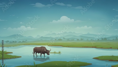 Water Buffalo Grazing in Overcast Wetland Vector Art Background