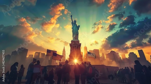 Group pf people, tourists and native citizens standing and looking at Statue of Liberty with beautiful sky on sunset.