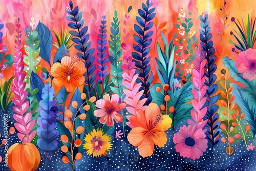 Colorful tropical theme gouache painting, bright watercolor illustration