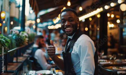 Customer Giving Thumbs-Up to Waiter in Restaurant 