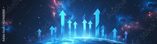 Abstract business concept with a burst of radiant blue arrows rising against a deep celestial backdrop, ideal for presentations about growth and leadership