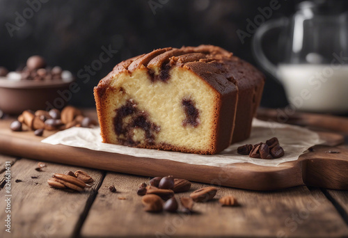 Delicious homemade marble pound cake on wooden background, top view 