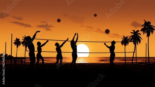 Friends silhouettes playing beach volley