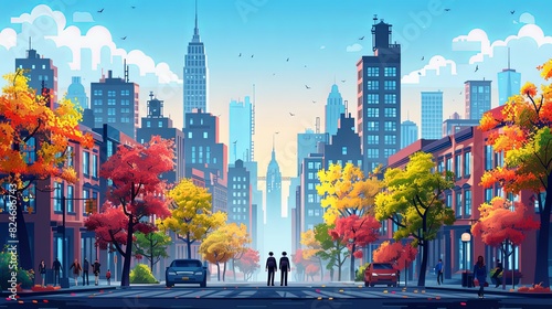 Urban lifestyle scene. Man and women in casual clothes walk in modern city. Colorful buildings and skyscrapers. Pedestrian and citizens in sunny day. Cartoon flat vector illustration