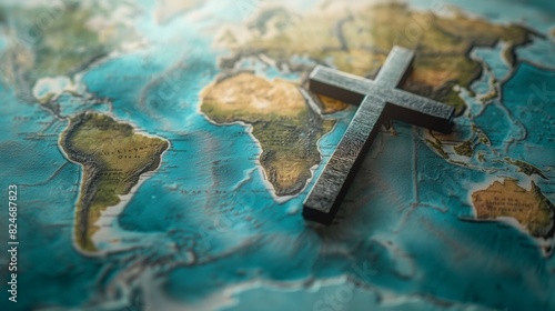 Holy cross of Jesus Christ and world map. Global mission and evangelism concept. Telling all the people about Jesus. Spreading the evangelism around all nations.