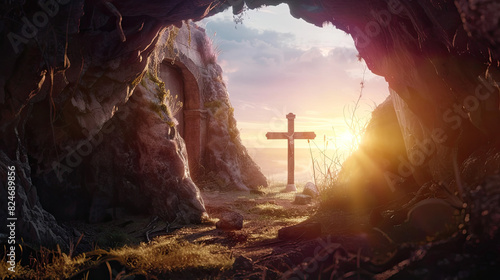 Tomb Empty With Crucifixion At Sunrise. Resurrection Of Jesus Christ