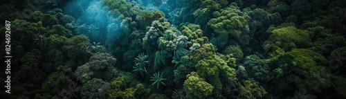 Aerial view of lush tropical rainforest with diverse trees and mist, showcasing the rich biodiversity and untouched beauty of nature.