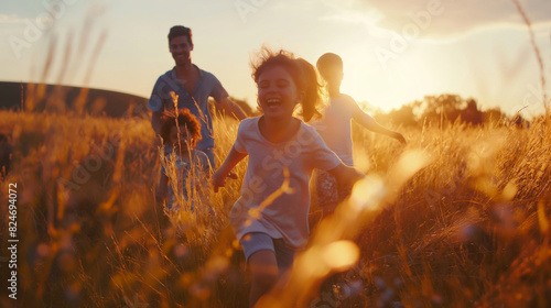 Happy family running in the field at sunset, laughing and playing together. Cinematic scene with natural light of a sunny day near sunset in the summer. Soft colors with a blurred background.