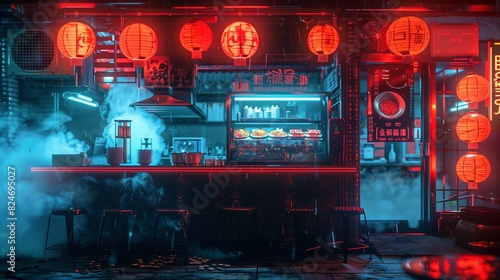 Asian cyberpunk street food vendor image. Outdoor dining illuminated by neon lights photography scene wallpaper. Futuristic city life. Science fiction concept photorealistic photo