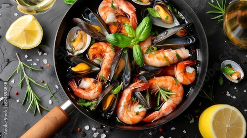 A Delicious And Healthy Seafood Dish With Shrimp, Mussels, Clams In A White Wine Sauce.