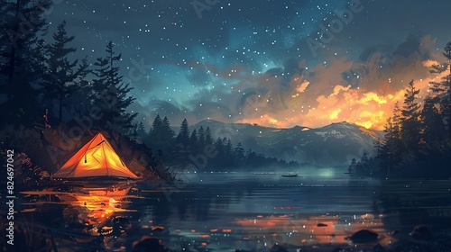 Nighttime camping scene with an orange-glowing tent beneath a vast, starry sky, perfect for a tranquil outdoor adventure.