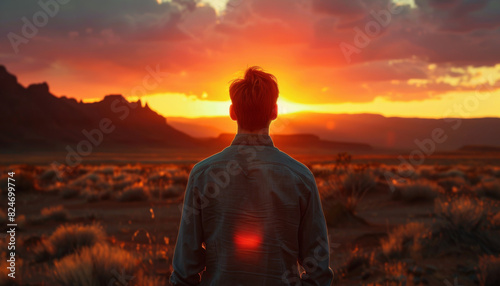 A man stands in a desert at sunset, looking out at the horizon