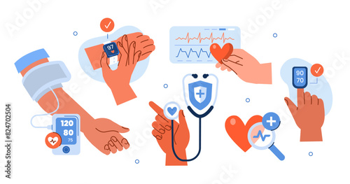 Heart health concept set. Collection of people check and monitor blood pressure range, oxygen level, pulse with smartwatch, pulse oximeter and other medical devices. Vector illustration.