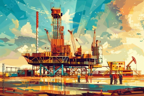 Oil Rig with Workers and Machinery Operating Efficiently 