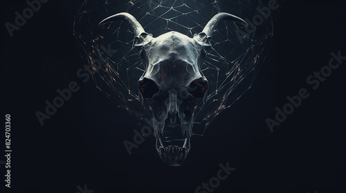 Animal skull intertwined with a mesh wireframe pattern double exposure