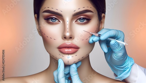 Close up woman face with draw line on skin, doctor is wearing blue gloves and a white lab coat holding syringe injections put on her face, cosmetics, beauty clinic 