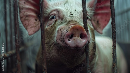 A close-up shot of a pig inside a cage. Suitable for farm or animal cruelty concepts