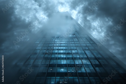 Low angle view of a tall skyscraper piercing through dark clouds.