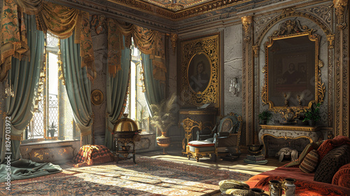 A baroque living room with ornate plasterwork, gilded mirrors, and heavy brocade curtains. 